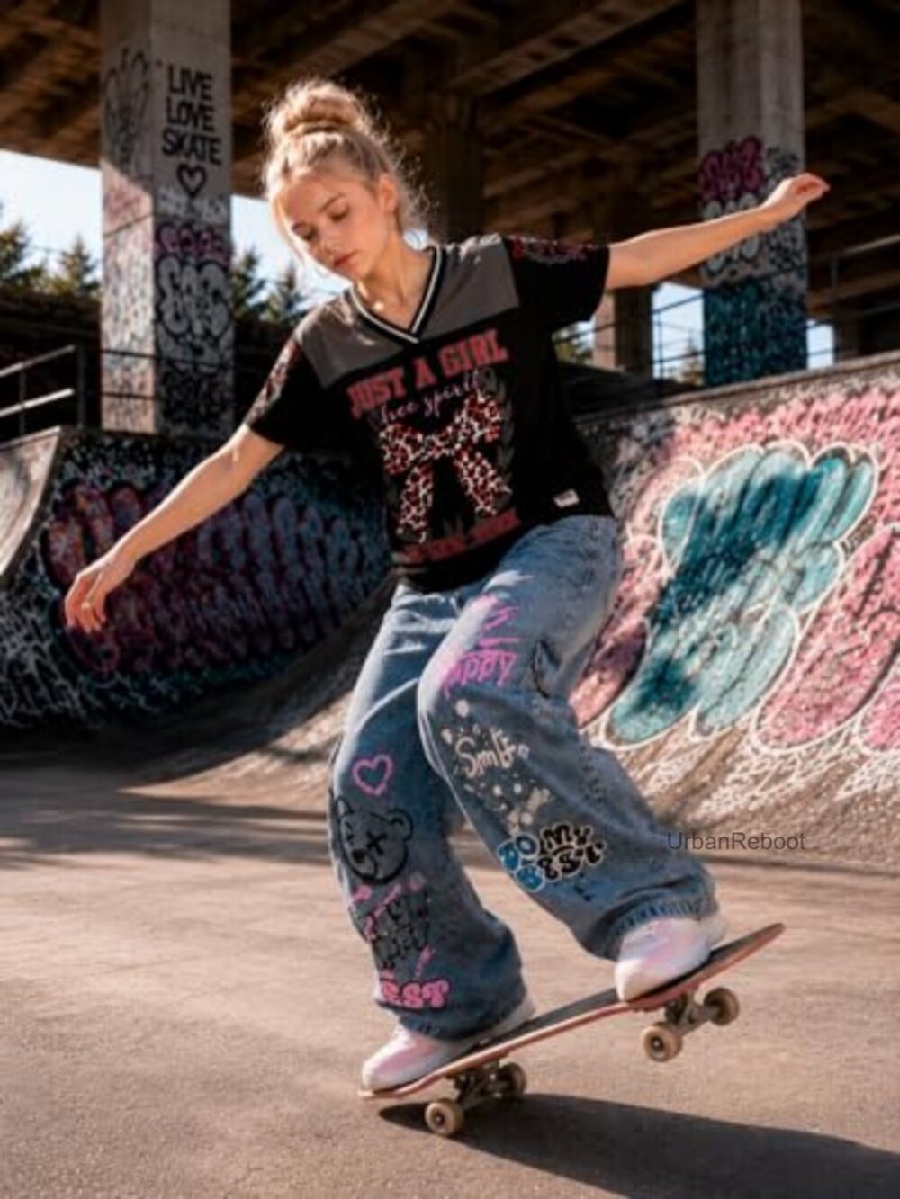 Girls 2 Piece Outfit V Neck Graphic Tee and Wide Leg Denim Jeans Set - Picture 4 of 6